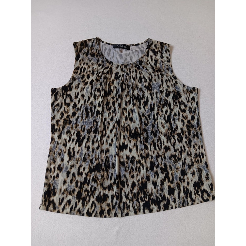 Kasper Tank Womens L Brown Animal Print Pleated Round Neck Jersey Lightweight